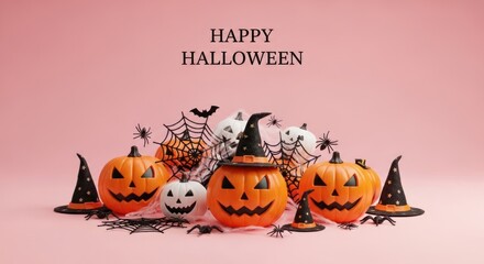 Spooky festive Halloween pumpkins with witch hats spiders and bats on pastel background