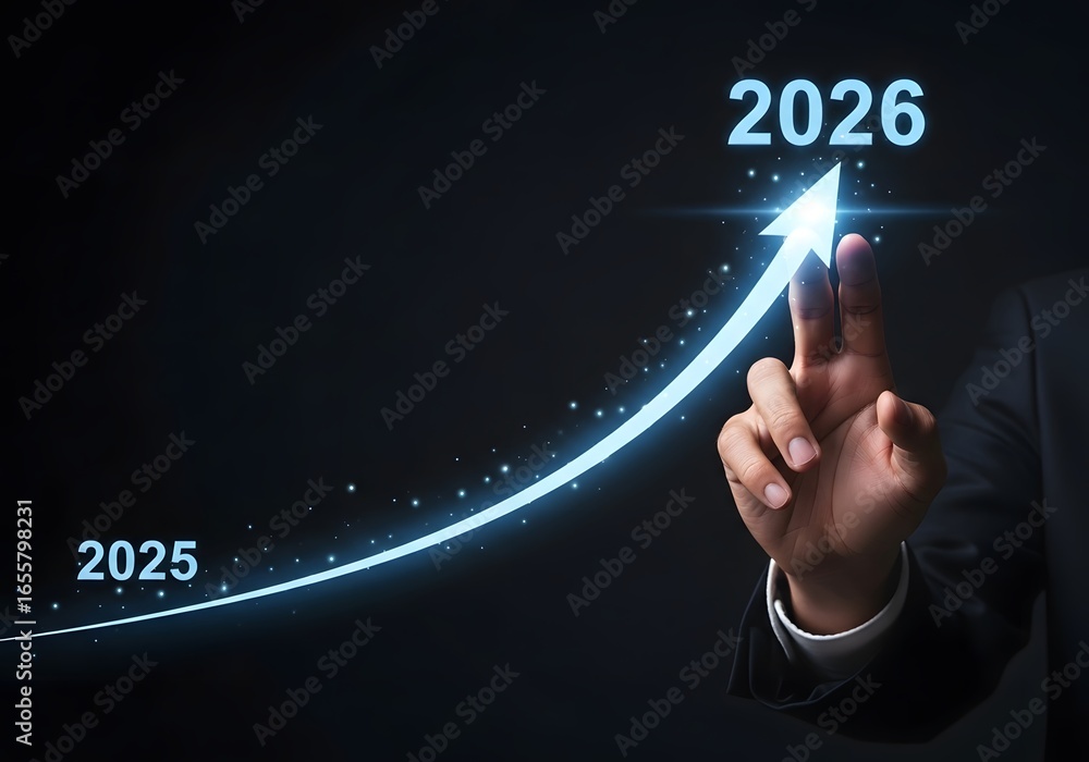 Poster hand touching glowing arrow pointing to year twenty twenty six on a dark blue background image