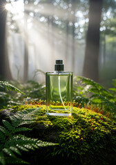 Elegant Perfume Bottle on Lush Green Moss in Sun-Dappled Forest, Natural Fragrance Concept