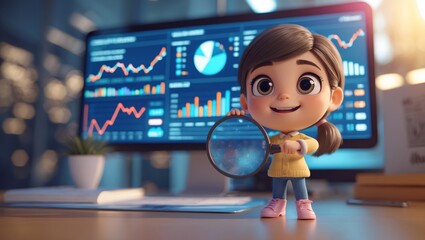 3D Businessman with Magnifying Glass Exploring Investment Opportunities, Growth Goals & Marketing Analysis.