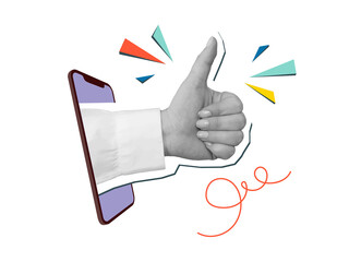 A hand with a thumb up comes out of a phone screen. Symbol of approval. Modern photo collage style. Illustration on transparent background