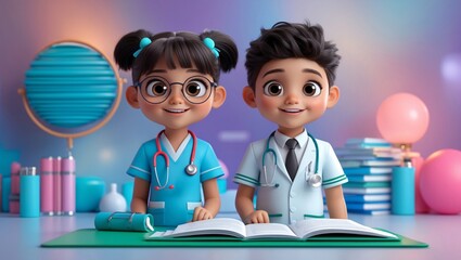 3D Illustration of Two Doctors Working with Paperwork &ndash; Hospital Background with Balloon and Notebook Medical Clip Art.