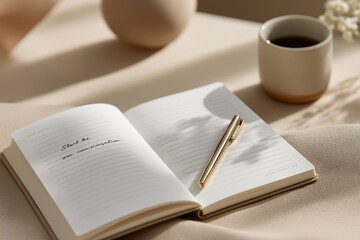 Open notebook with pen and coffee cup on sunlit table