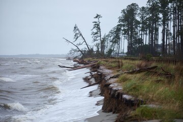 Erosion on Shoreline with Trees and Rough Water Waves in Landscape