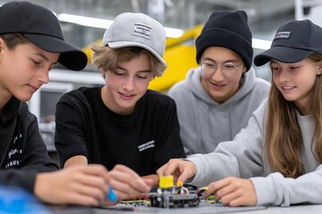 Teen caucasian group engaged in collaborative robotics workshop