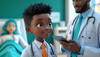 3D Illustration of Two Doctors Using Mobile &ndash; Hospital Background Medical Clip Art.