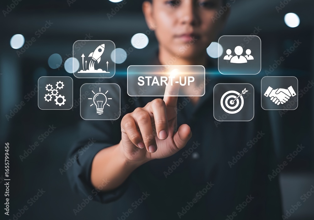 Poster person interacting with startup icons on a digital interface with a dark background scene setup
