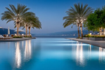 Fototapeta premium Tranquil evening poolside scene with palm trees and ocean view