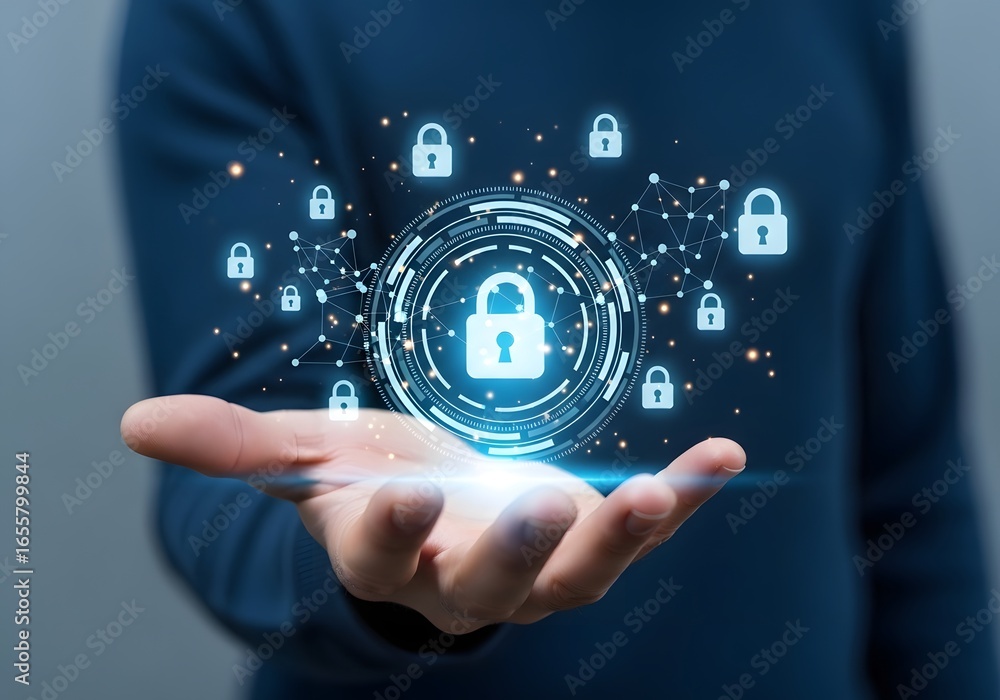 Poster a hand holding a digital padlock surrounded by smaller padlocks and connected dots on a blue backgro