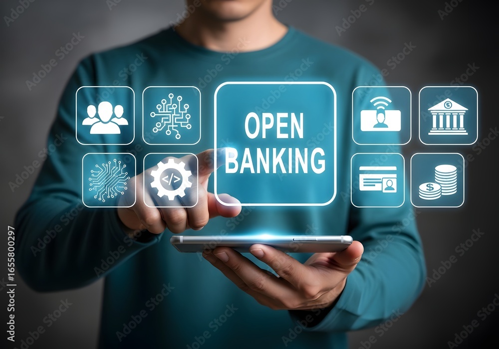 Poster a person holding a smartphone with open banking icons displayed on the screen in a dark background