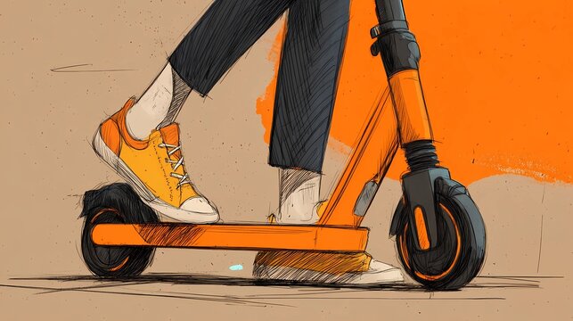 Courier in motion on a compact e-scooter, delivering goods swiftly in a modern city setting.