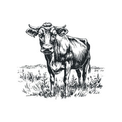 Detailed black and white sketch of a cow standing in a grassy field