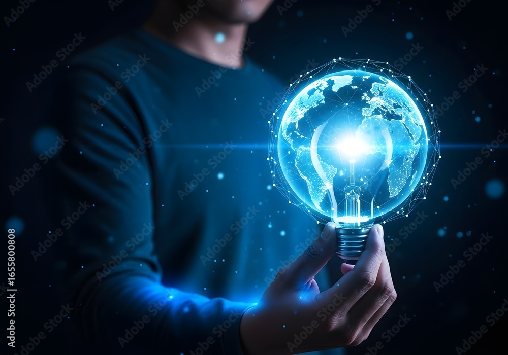 Poster man holding glowing light bulb with world map design representing global innovation and technology