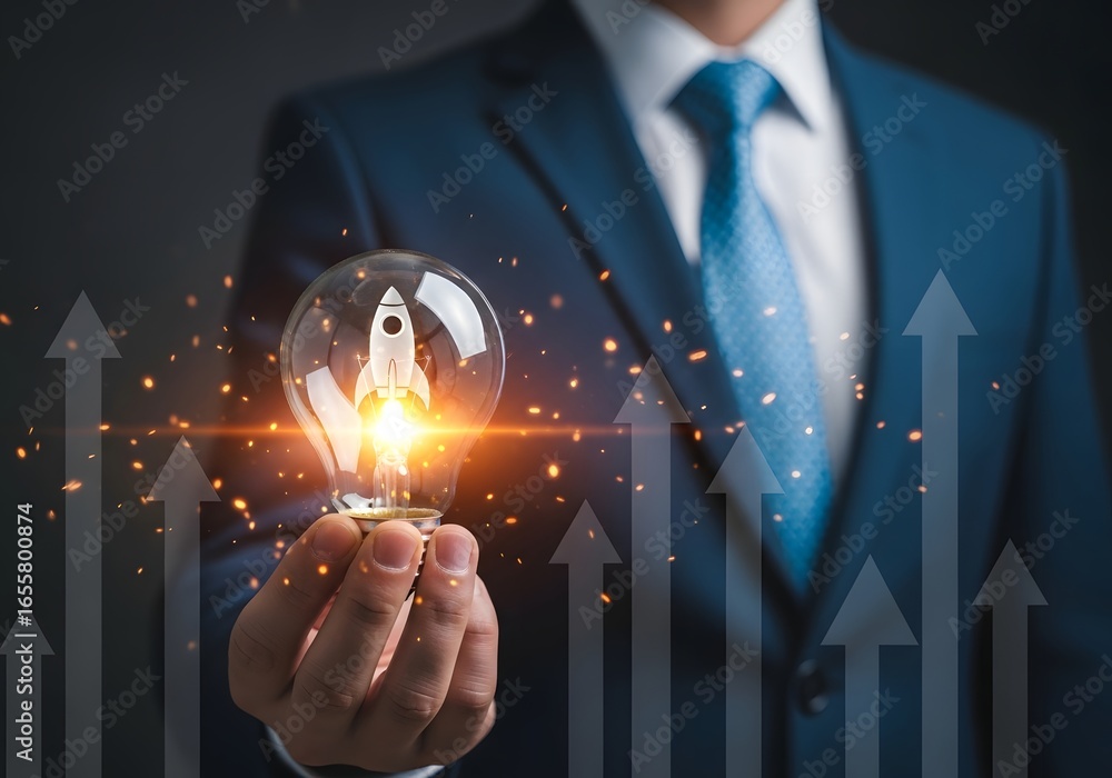Aufkleber man in suit holding lightbulb with rocket inside and upward arrows in the background showing growth