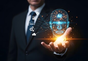 Man in suit holding ai head with glowing hand and digital icons floating in the background