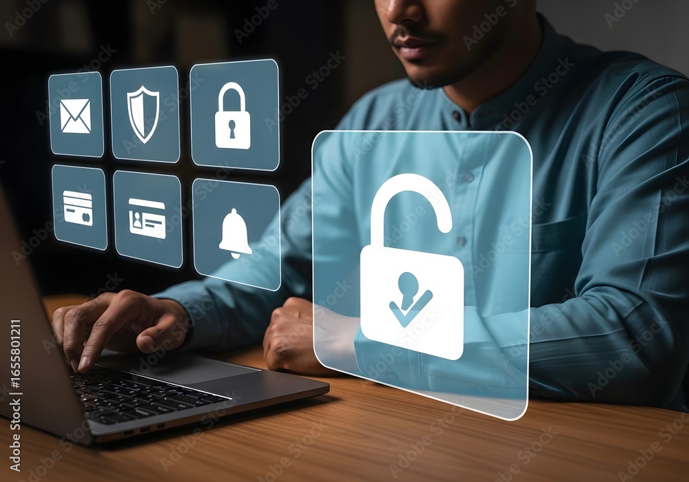 Aufkleber man using laptop with digital security icons including lock shield and notification bell icons