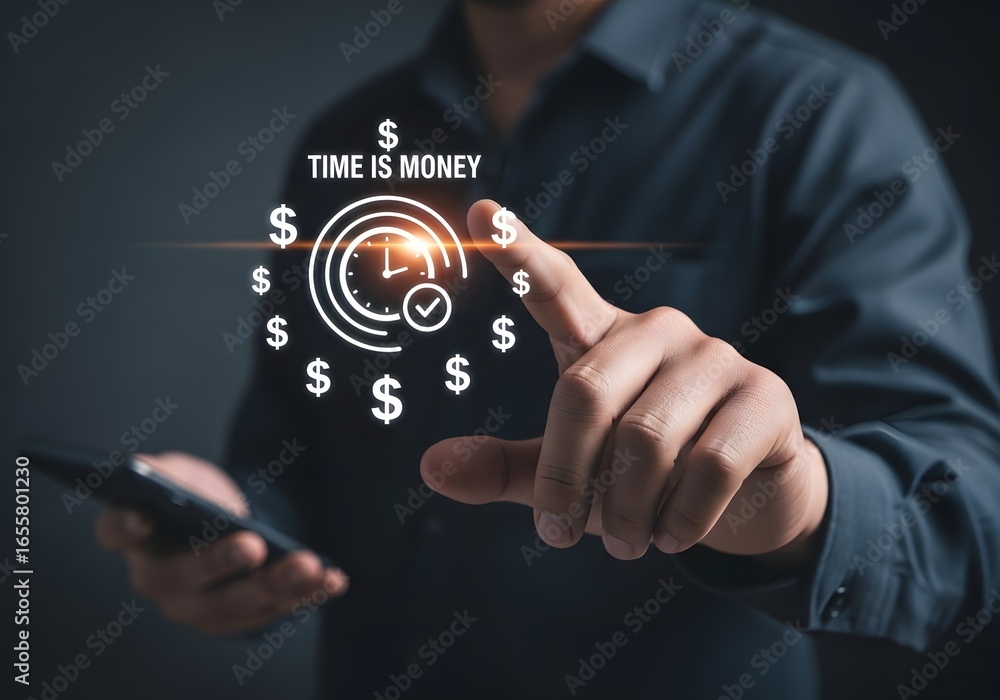 Poster man using phone with time is money graphic and dollar signs around clock on dark background