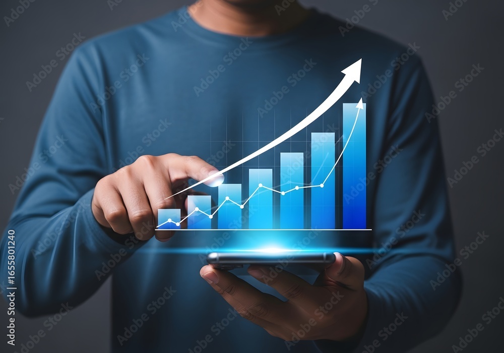 Poster man using smartphone with rising bar graph and upward arrow showing financial growth and success