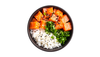 Salmon Poke Bowl with Rice and Sesame Seeds, Isolated on Transparent Background, Top View