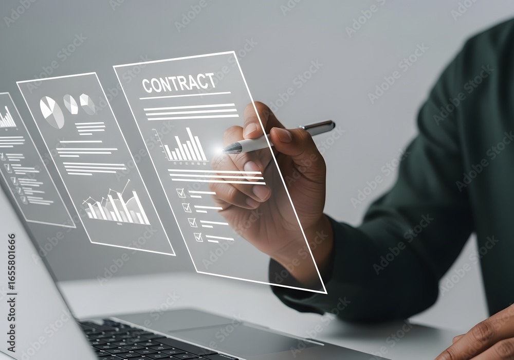 Poster person reviewing contract documents on a laptop with digital overlay of charts and checklists
