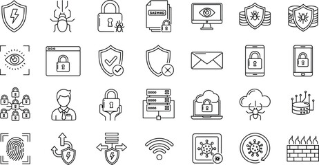 Cybersecurity protection icons collection, data privacy secure connection, antivirus shield, firewall, cloud security, mobile safety, online network defense illustration