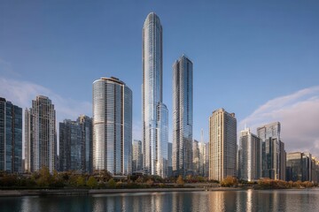 Fototapeta premium Modern Skyscrapers Reflecting on Water in Urban City Landscape