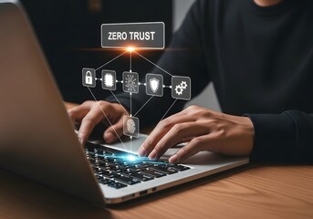 Person typing on laptop with zero trust network security concept overlaying the keyboard area shown