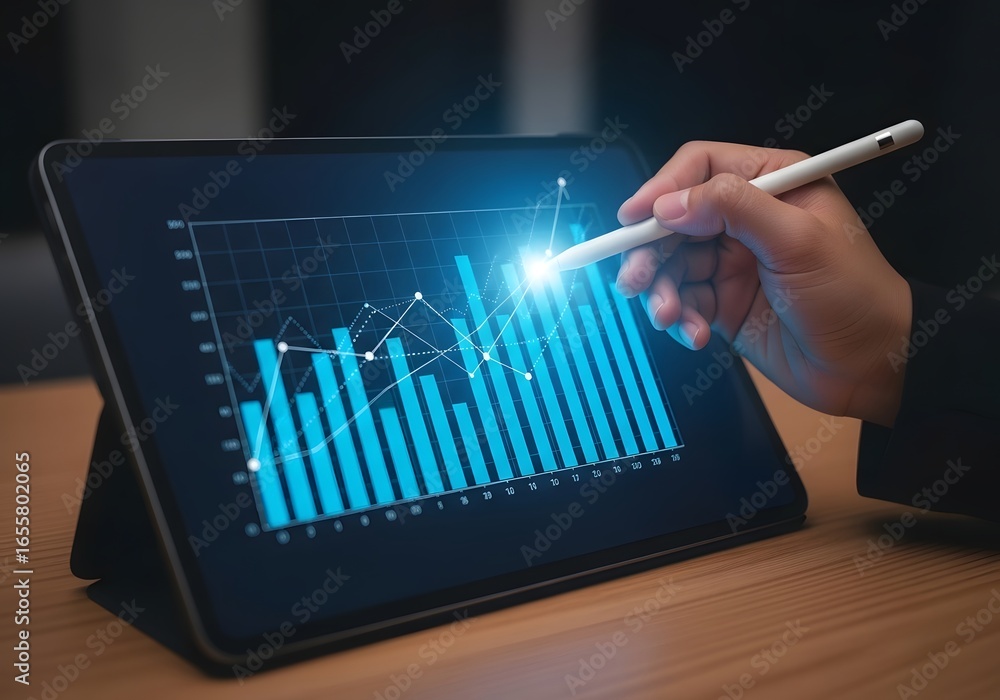 Poster person using stylus on tablet displaying business graph with blue bars and line charts shown up clos