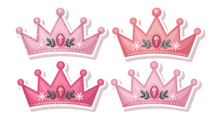 Set of Four Pink and Coral Princess Crowns Cute Cartoon Stickers for Kids' Crafts and Design