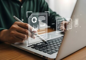 Person using stylus on laptop with digital document overlays for data analysis and management tasks