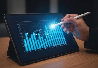 Person using stylus on tablet displaying business graph with blue bars and line charts shown up close