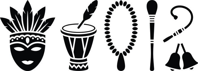 Fototapeta premium Collection of ritual and tribal object icons featuring abstract geometric patterns and symbols silhouette