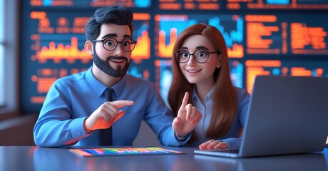 3D Businessman Collaborates with Creative Team on Laptop Finance Analysis and Design Concepts in Modern Office Environment.