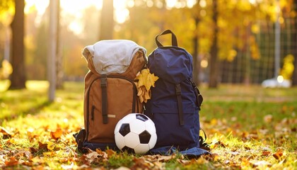 Backpacks and soccer ball in autumn park (1)