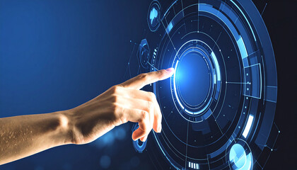Digital Interaction: A hand interacts with a futuristic interface, a glowing blue screen, symbolizing the power of technology and the digital age.
