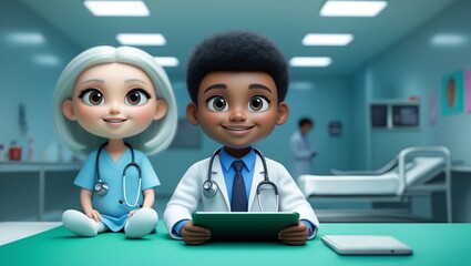 3D Illustration of Two Doctors Working with Laptop and Paperwork &ndash; Hospital Background Medical Clip Art.
