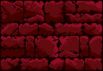 Pixel art 2D brick red wall texture with shadowing and ruined. Red stone concrete seamless background. Ground texture tiles set seamless pattern. Ideal for a game asset, background, and wallpaper.
