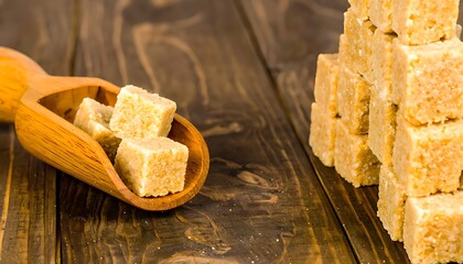 Brown sugar cubes in a wooden scoop and a stack on a wooden surface.