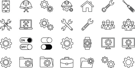 Engineering tools icons, settings gear symbols, repair maintenance illustration, construction worker, technology service, computer system, mobile app configuration, business support
