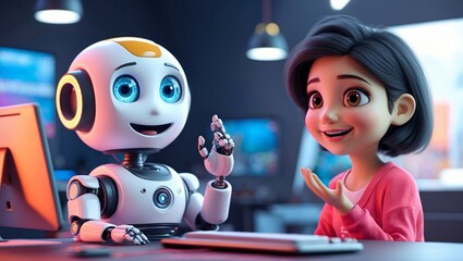 3D Cute Robot Studying with Laptop &ndash; 3D Girl Observing in Bright Panoramic View.
