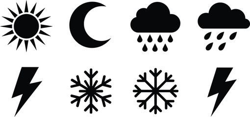 Collection of weather icons featuring sun moon rain and snow in a distinctive silhouette style