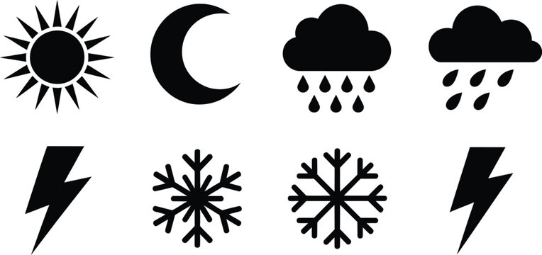 Collection of weather icons featuring sun moon rain and snow in a distinctive silhouette style