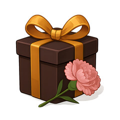 Elegant dark brown gift box with golden ribbon and pink carnation flower