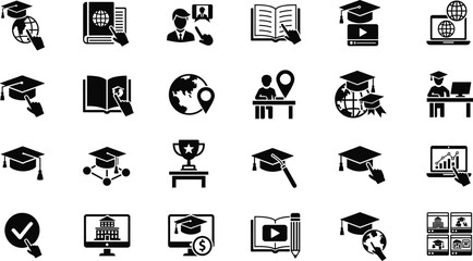 Online education e-learning icons set with digital study, graduation, virtual class, webinar, knowledge, training, school, university, academic success, vector illustration