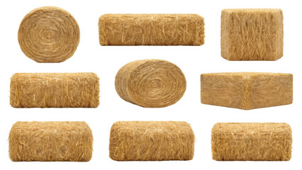 Hay Bale Collection, Round, Rectangular, and Square Shapes Isolated on white background