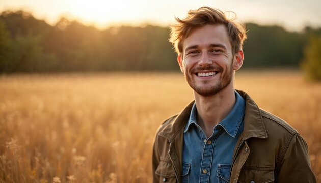 Young Lithuanian man smiling outdoors in golden field during autumn. Wears casual clothes, expression joyful, relaxed. Sunlight illuminates serene countryside landscape, accentuating youthful,
