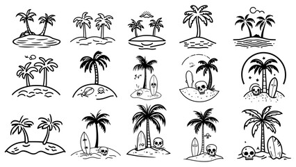 Tropical Island, Pirate, and Surf Hand-Drawn Icon Set

