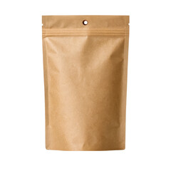 kraft paper seed bag packaging with hanging hole seeds and herbs on white background