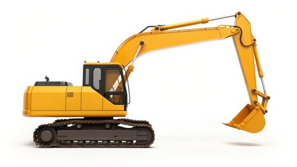 Yellow Excavator Tractor on White Background, Powerful Hydraulic Arm and Bucket Design