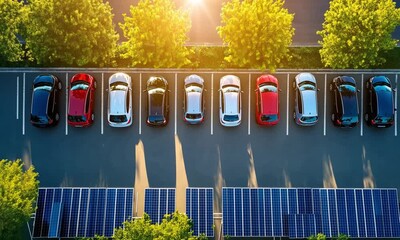 Aerial top view of parking lot with cars parked in sunlight beside solar panels, 4K high resolution video, perfect for business use, transport events, and green energy campaigns.